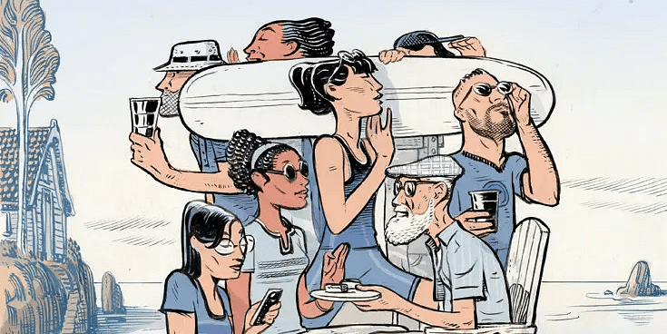 An animated image of a family on the beach side 